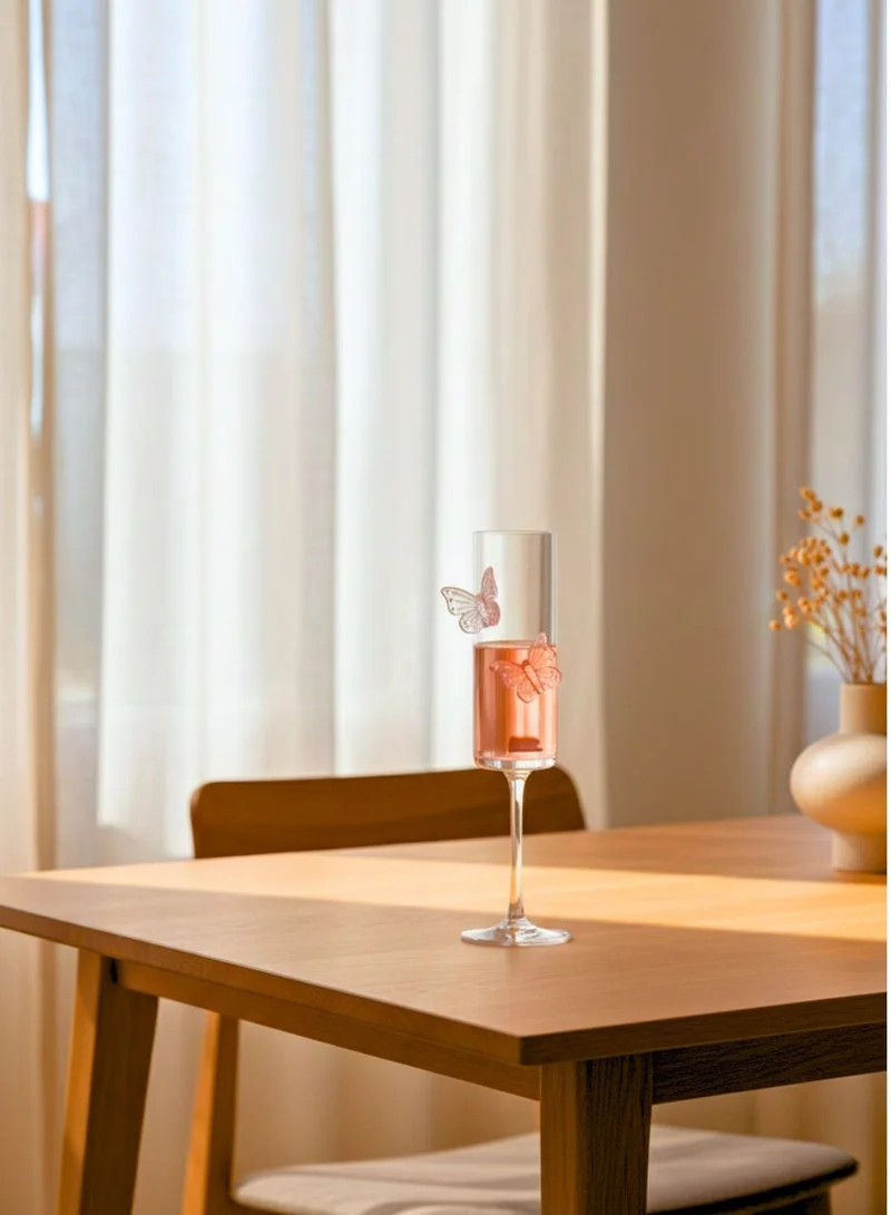 1Chase  Butterfly Champagne Glass Set of 2, Flute Shape Wine Glasses with Pink Butterfly Design, 180ML Elegant Glassware for Red & White Wine, Champagne & Sparkling Drinks  | Best Price UAE